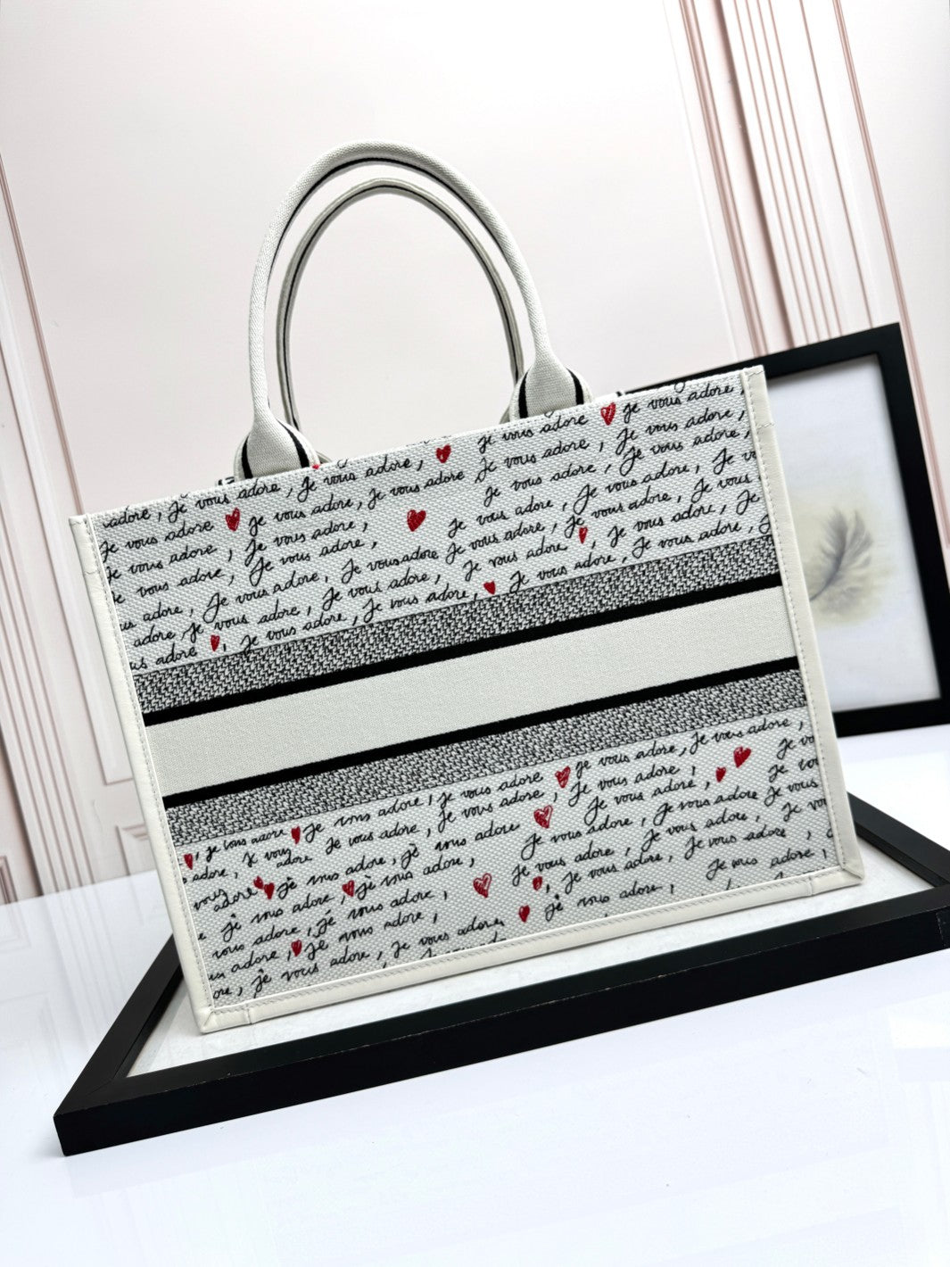 DO Dioramour Small Book Tote White Embroidery with Black and Red Je Vous Adore Motif and
