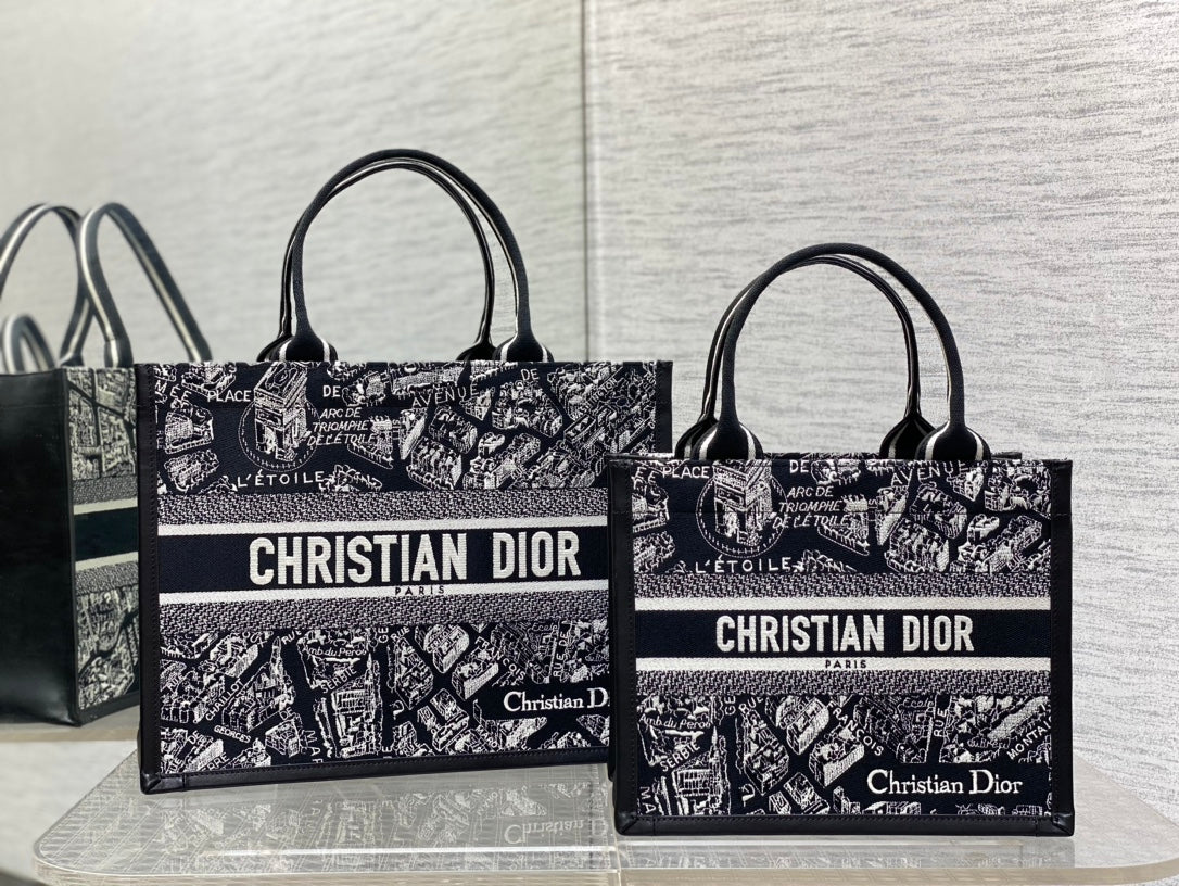 DO Medium Book Tote Black and White Plan de Paris Embroidery with Black Calfskin