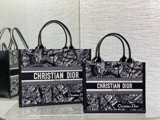 DO Medium Book Tote Black and White Plan de Paris Embroidery with Black Calfskin