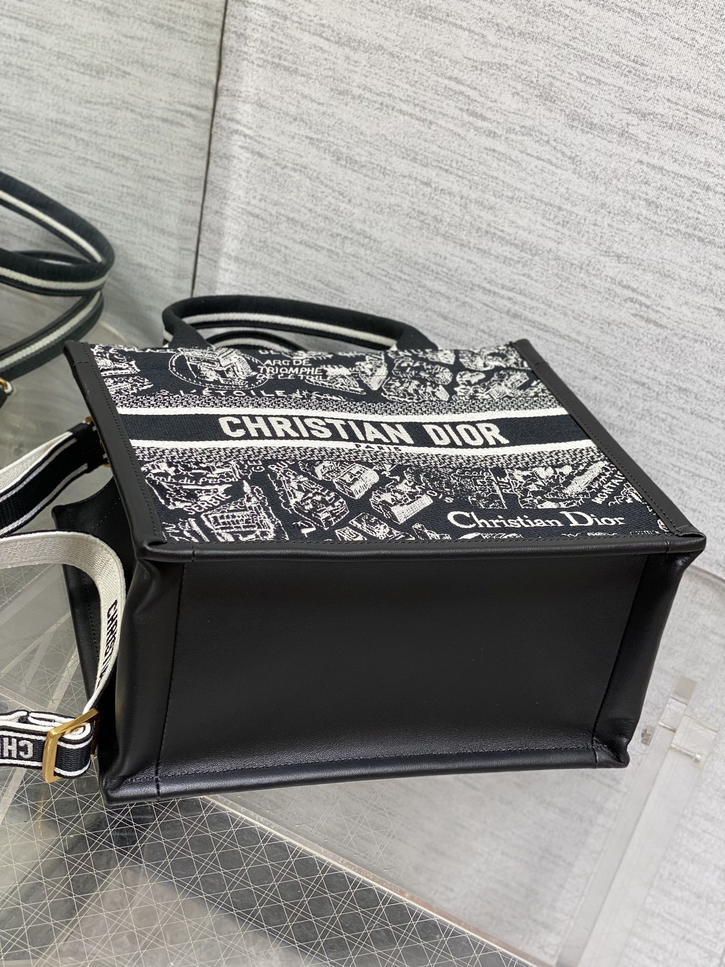 DO Medium Book Tote Black and White Plan de Paris Embroidery with Black Calfskin
