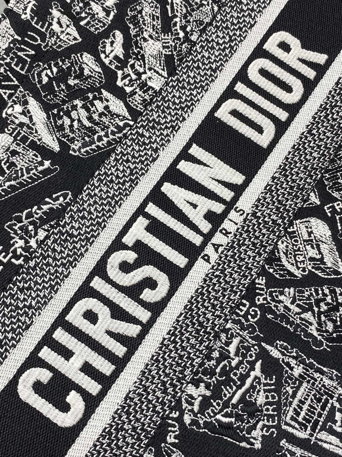 DO Medium Book Tote Black and White Plan de Paris Embroidery with Black Calfskin