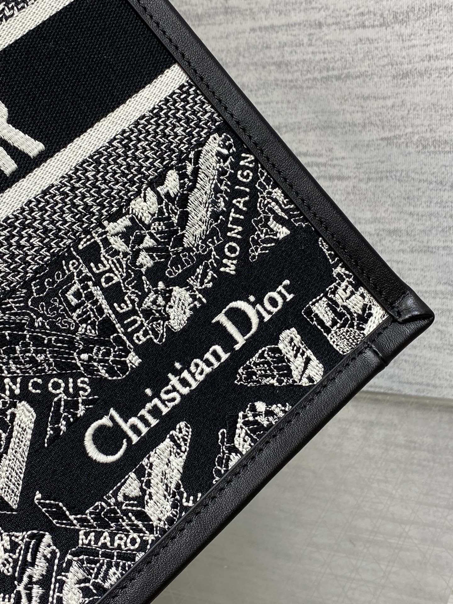 DO Medium Book Tote Black and White Plan de Paris Embroidery with Black Calfskin