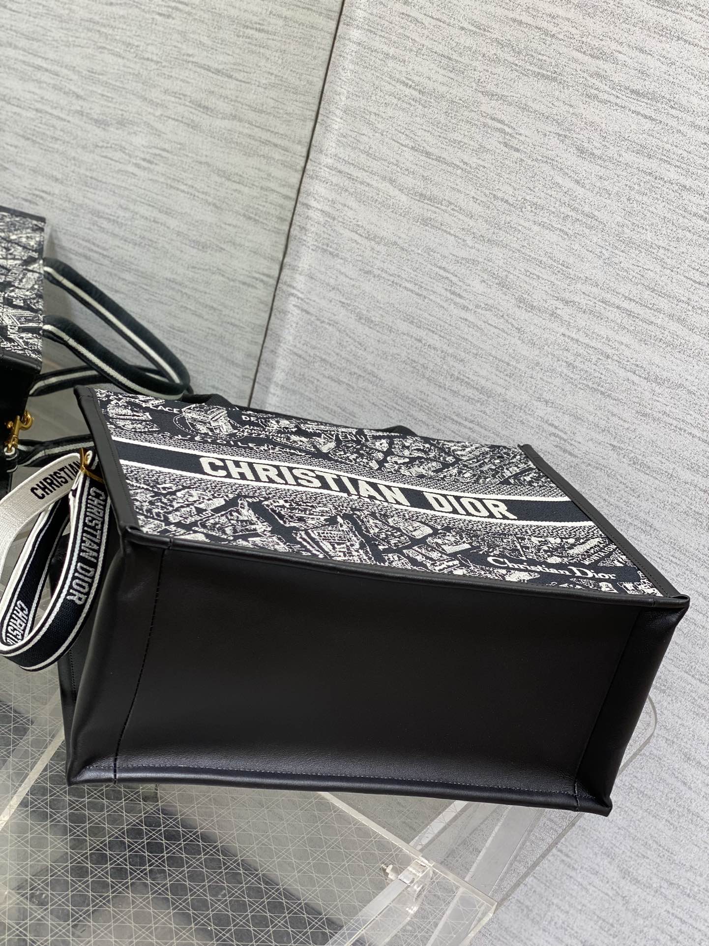 DO Medium Book Tote Black and White Plan de Paris Embroidery with Black Calfskin