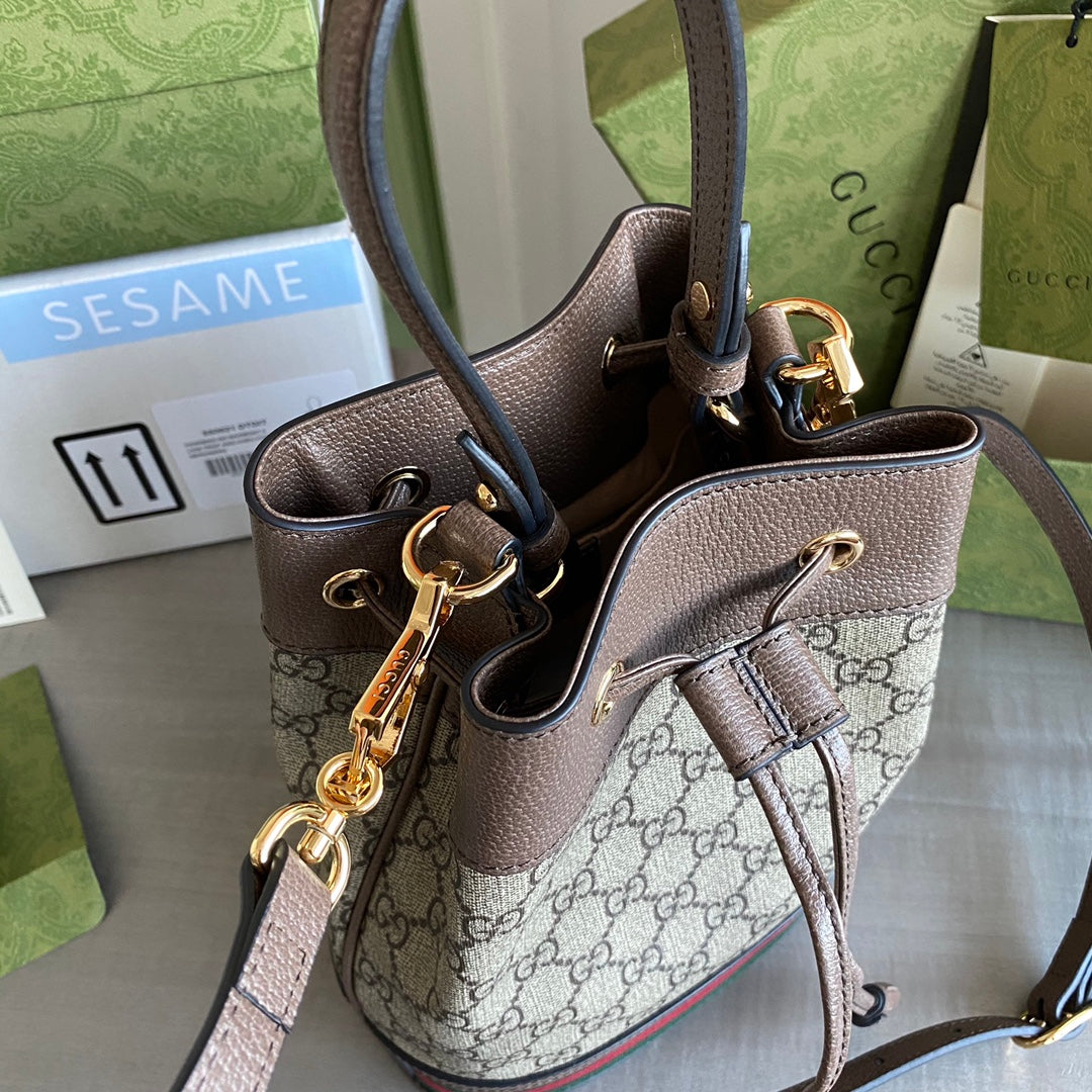 GC Ophidia small bucket bag Beige/ebony GG Supreme canvas