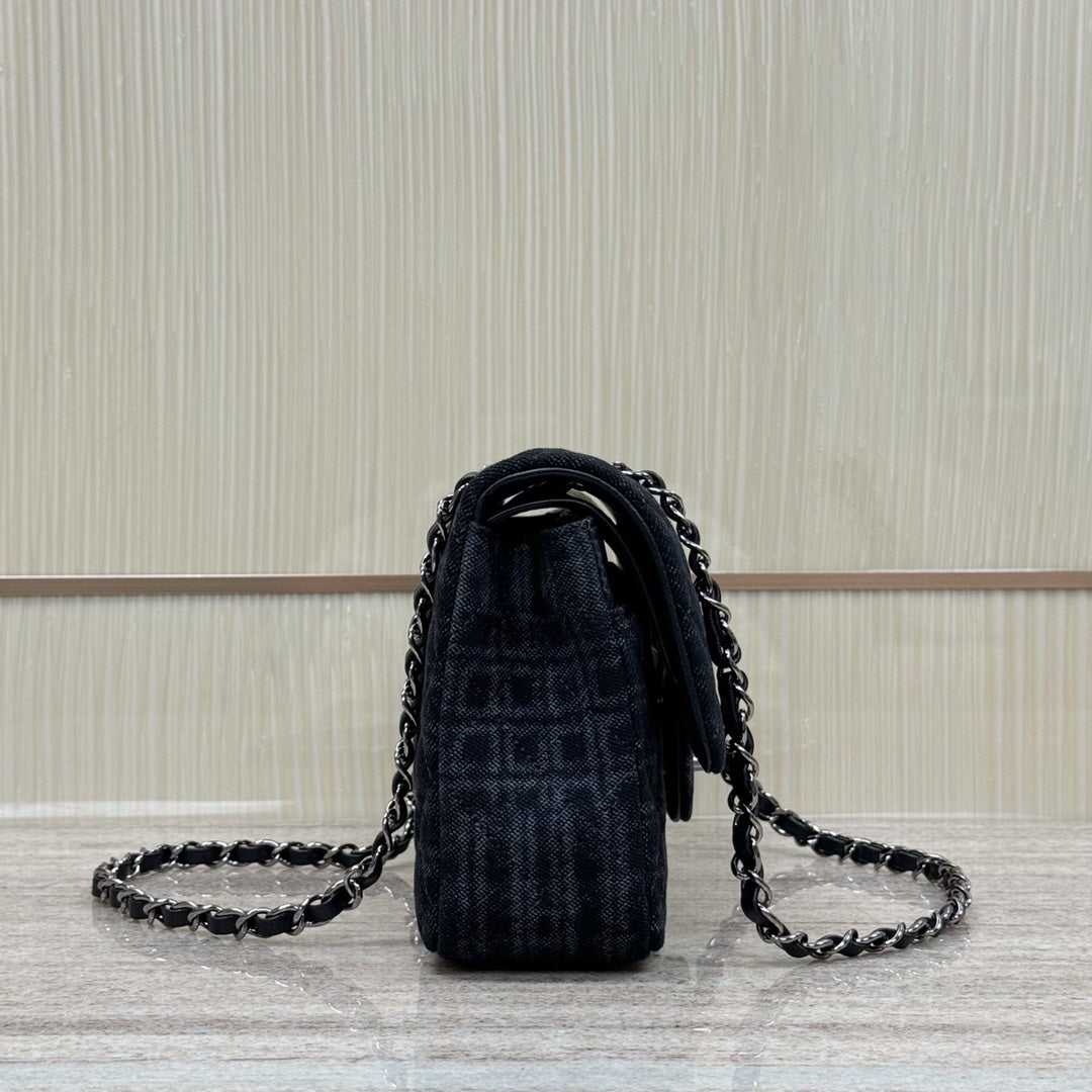 CH Classic 11.12 Handbag 25.5 Printed Denim & Ruthenium-Finish Metal Black