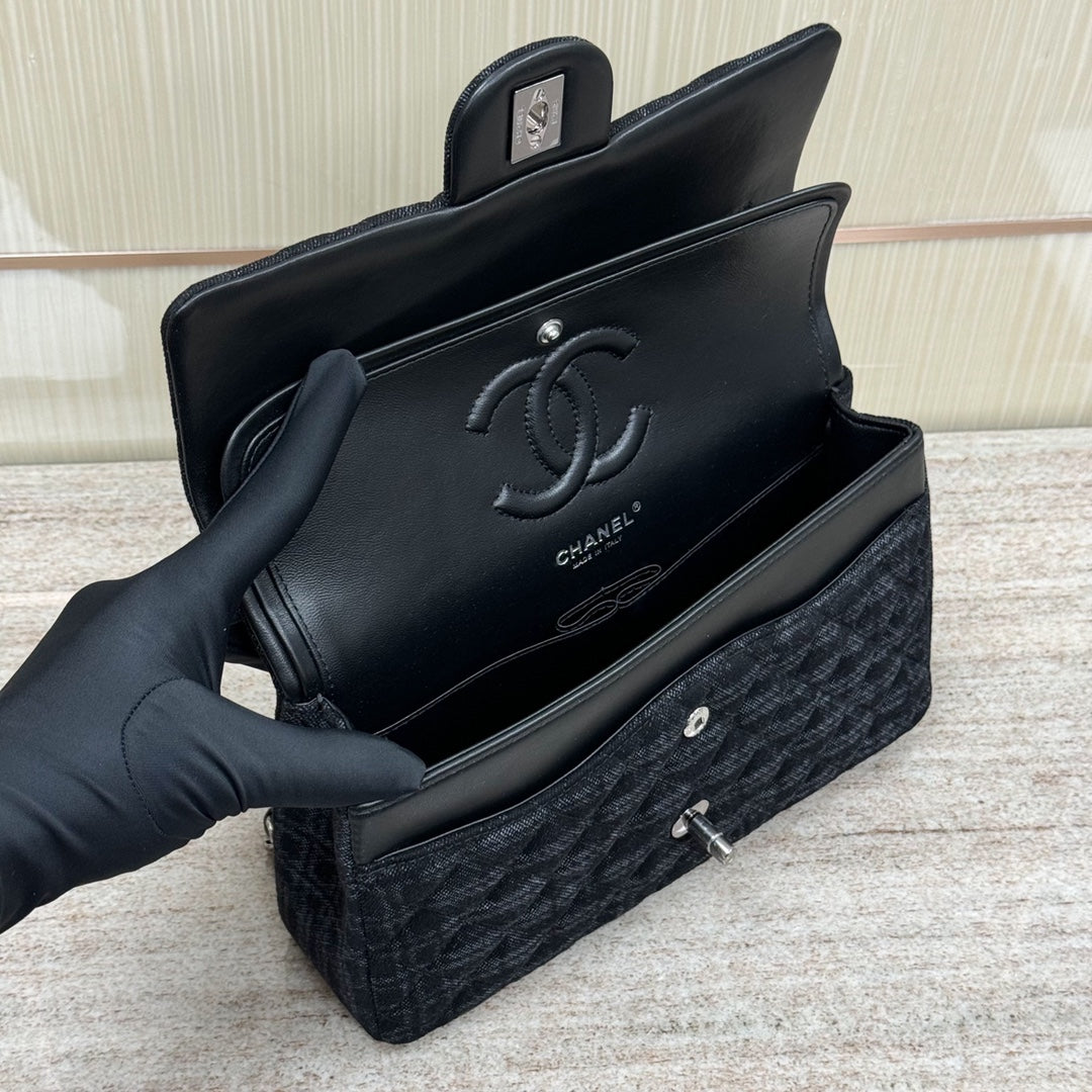 CH Classic 11.12 Handbag 25.5 Printed Denim & Ruthenium-Finish Metal Black