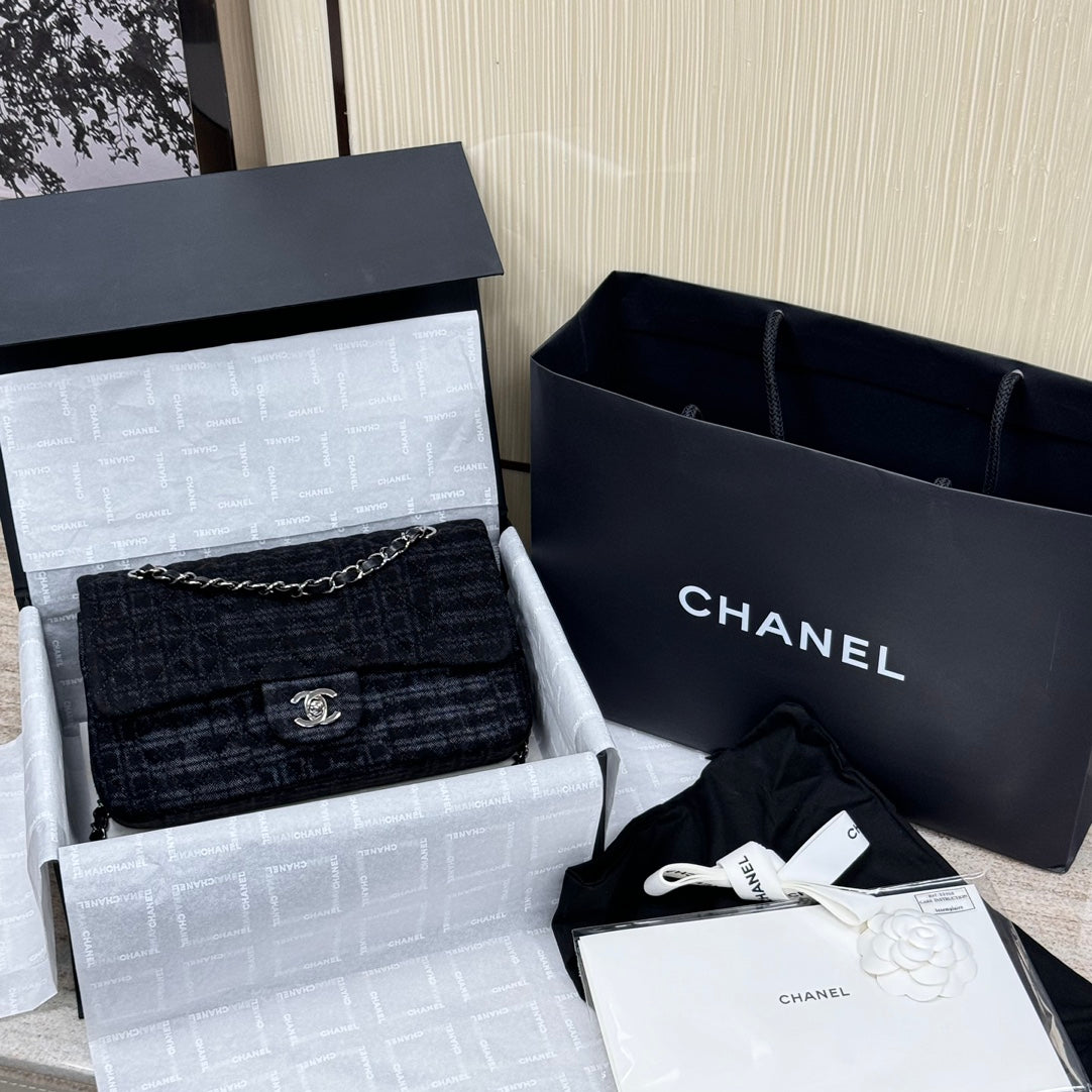 CH Classic 11.12 Handbag 25.5 Printed Denim & Ruthenium-Finish Metal Black