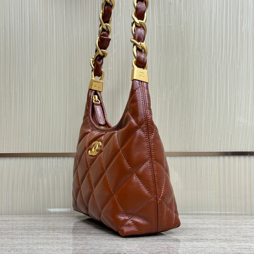 CH Hobo Handbag Shiny Calfskin & Gold-Tone Metal