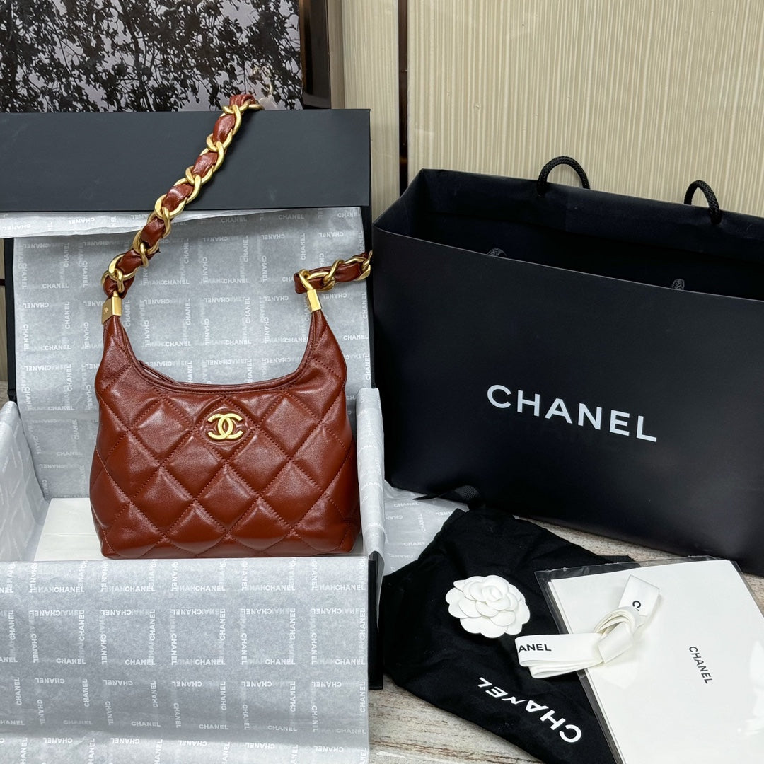 CH Hobo Handbag Shiny Calfskin & Gold-Tone Metal