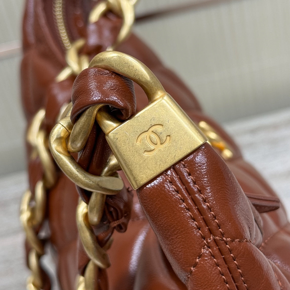 CH Hobo Handbag Shiny Calfskin & Gold-Tone Metal