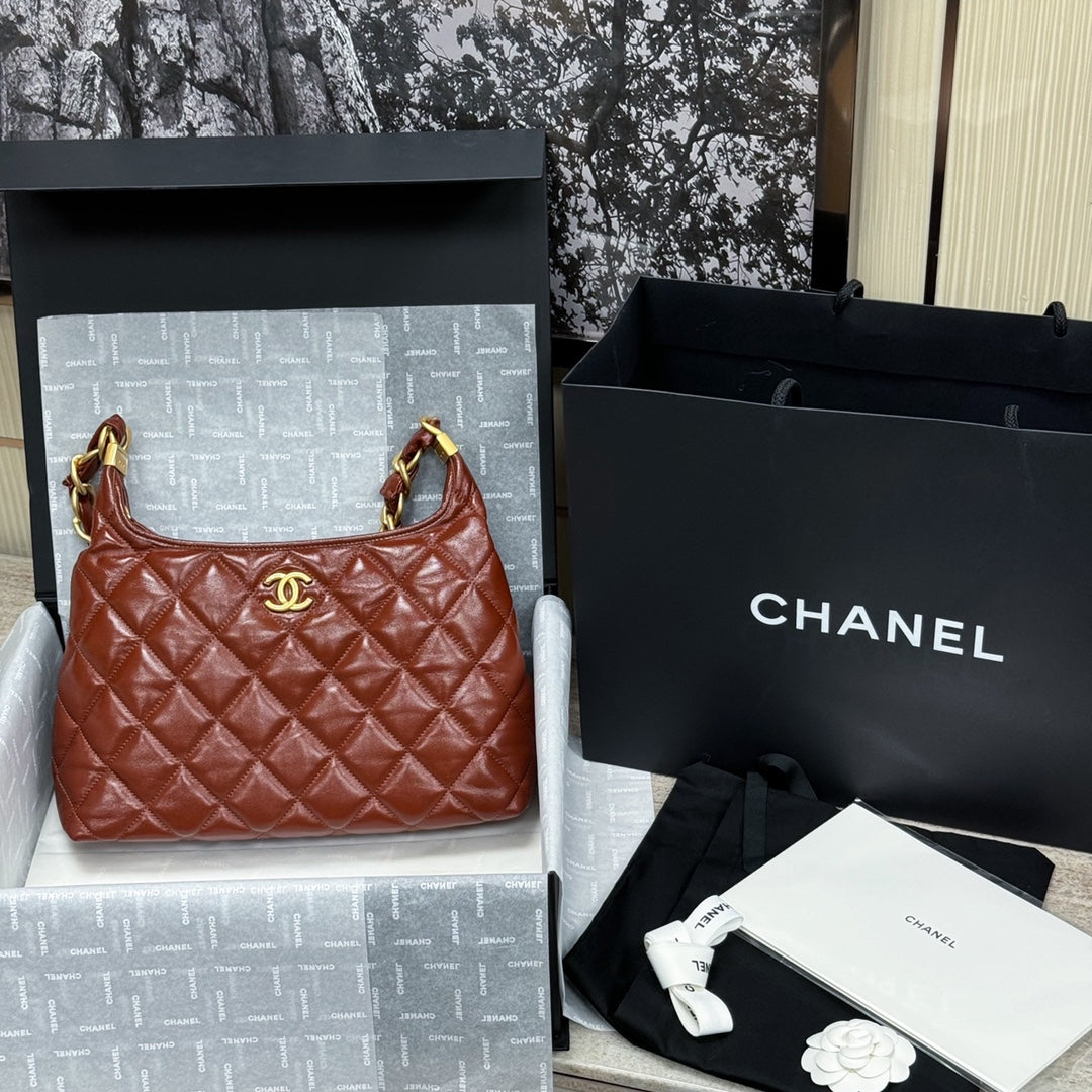 CH Hobo Handbag Shiny Calfskin & Gold-Tone Metal