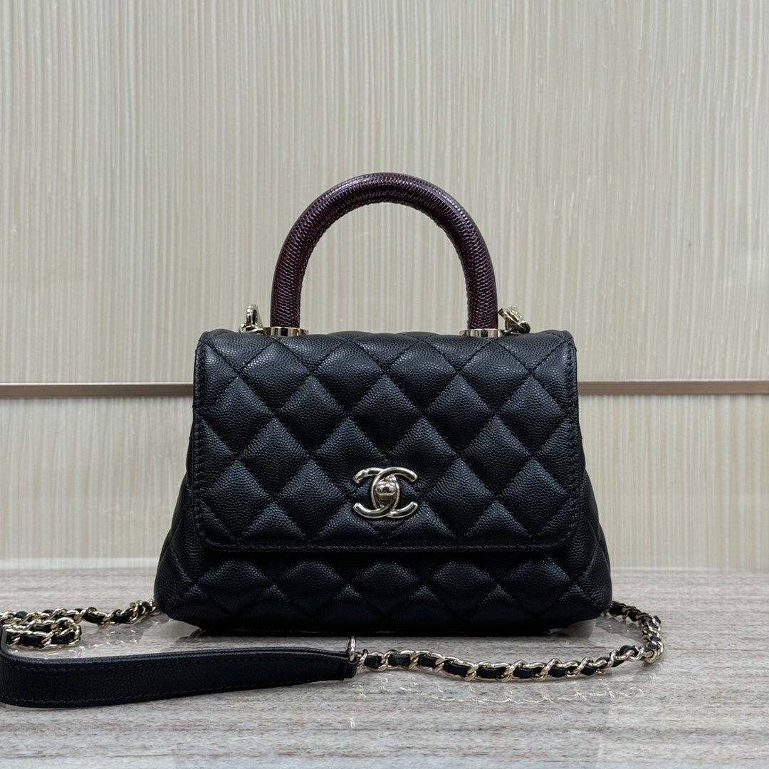 CH Mini Flap Bag with Top Handle  Small Grained Calfskin Lizard Handle Black