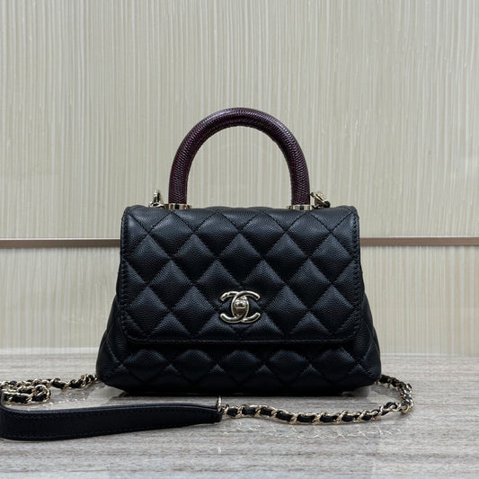 CH Mini Flap Bag with Top Handle  Small Grained Calfskin Lizard Handle Black