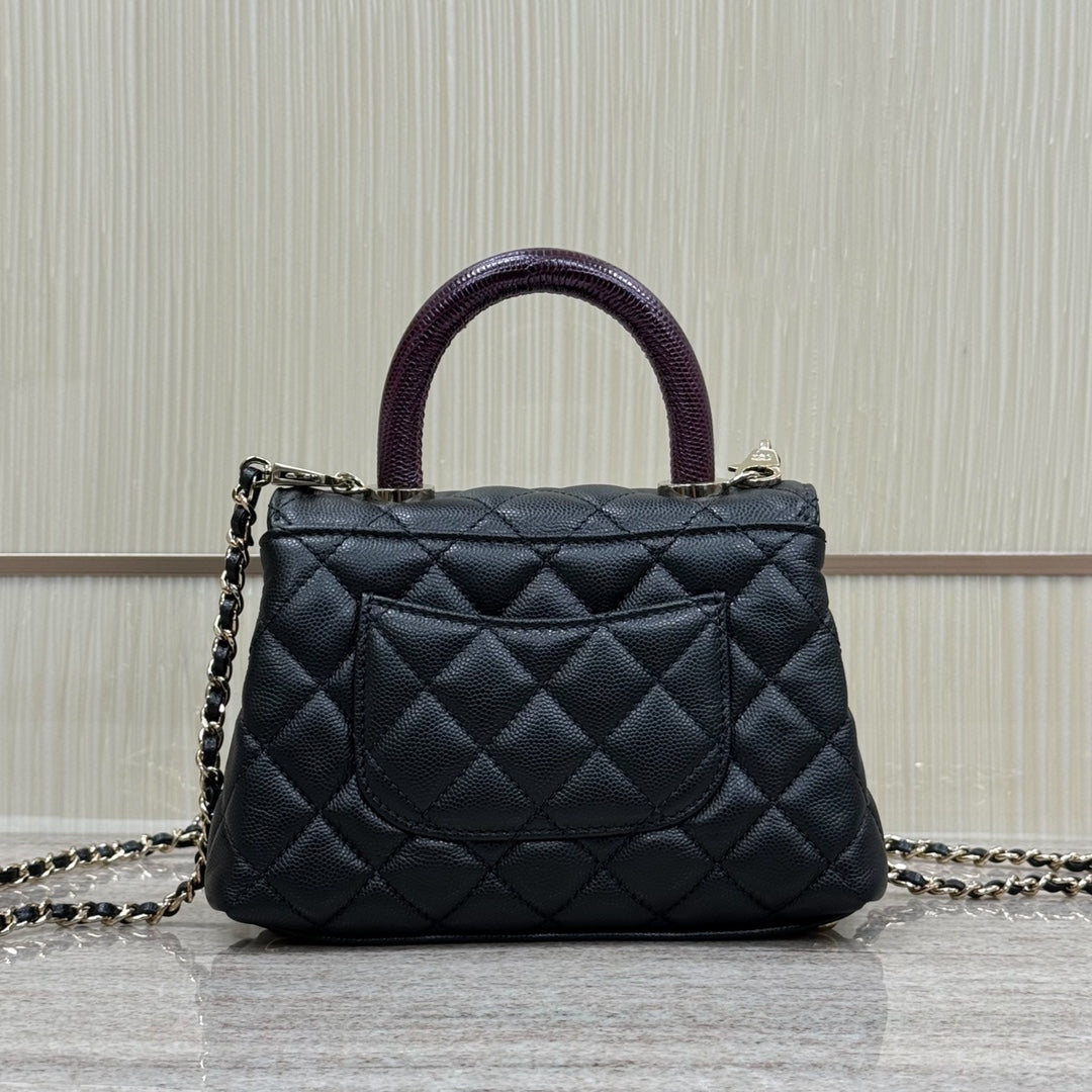 CH Mini Flap Bag with Top Handle  Small Grained Calfskin Lizard Handle Black