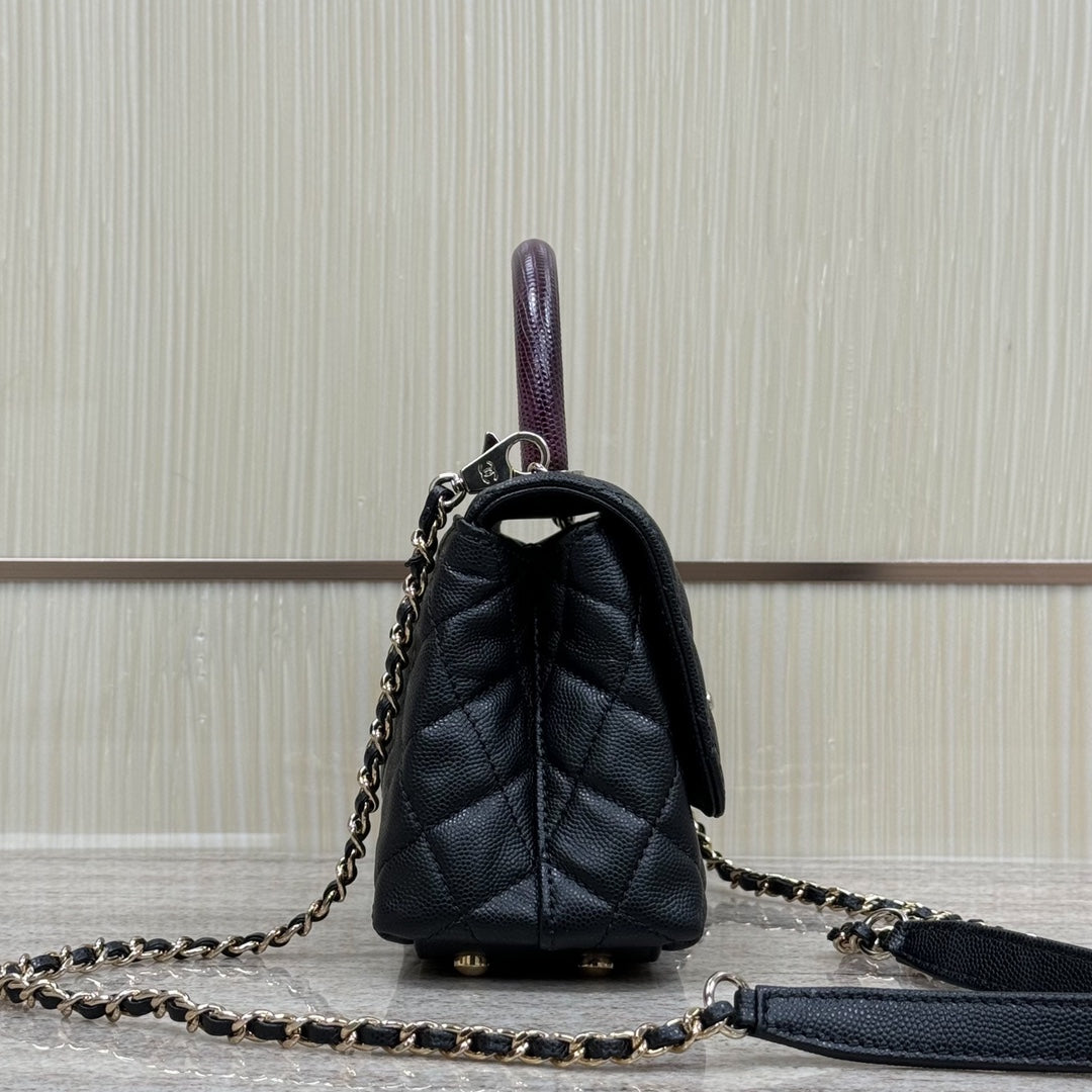 CH Mini Flap Bag with Top Handle  Small Grained Calfskin Lizard Handle Black