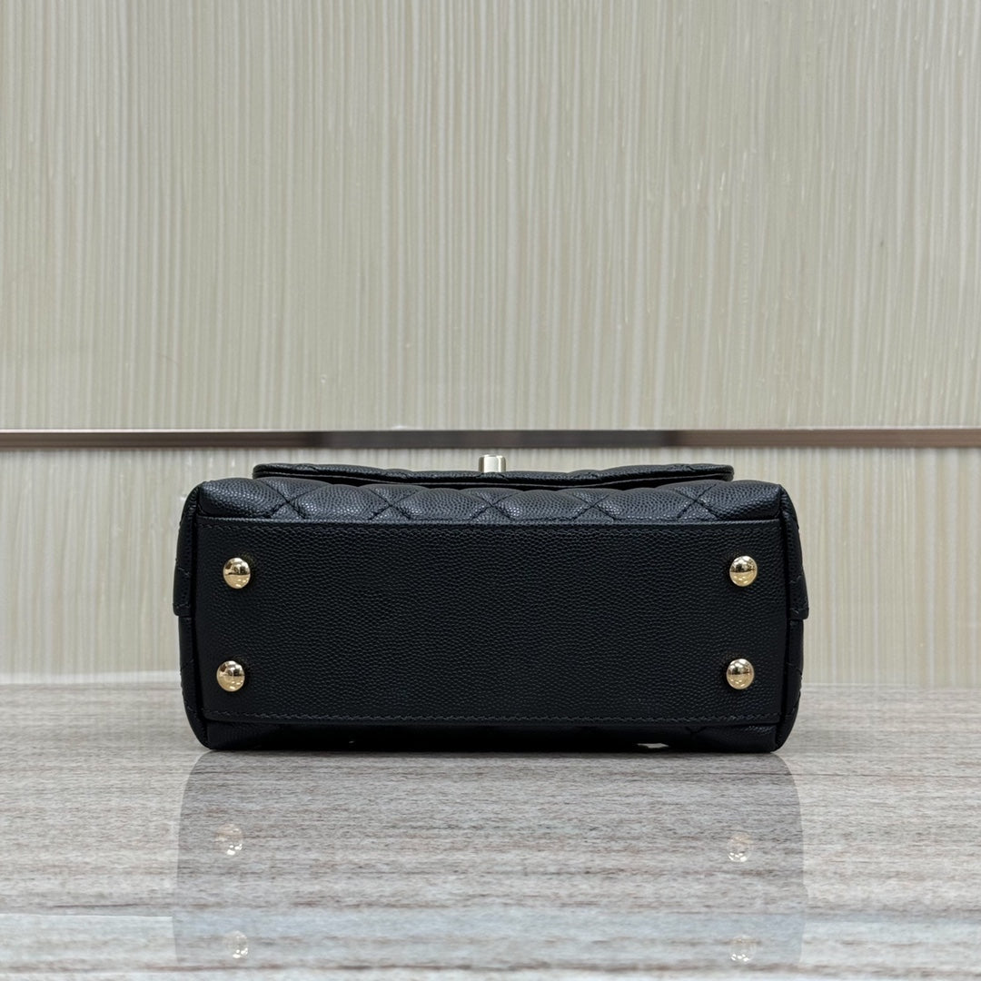CH Mini Flap Bag with Top Handle  Small Grained Calfskin Lizard Handle Black