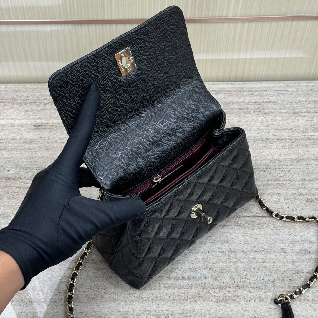 CH Mini Flap Bag with Top Handle  Small Grained Calfskin Lizard Handle Black
