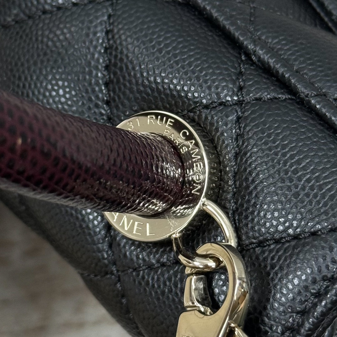 CH Mini Flap Bag with Top Handle  Small Grained Calfskin Lizard Handle Black