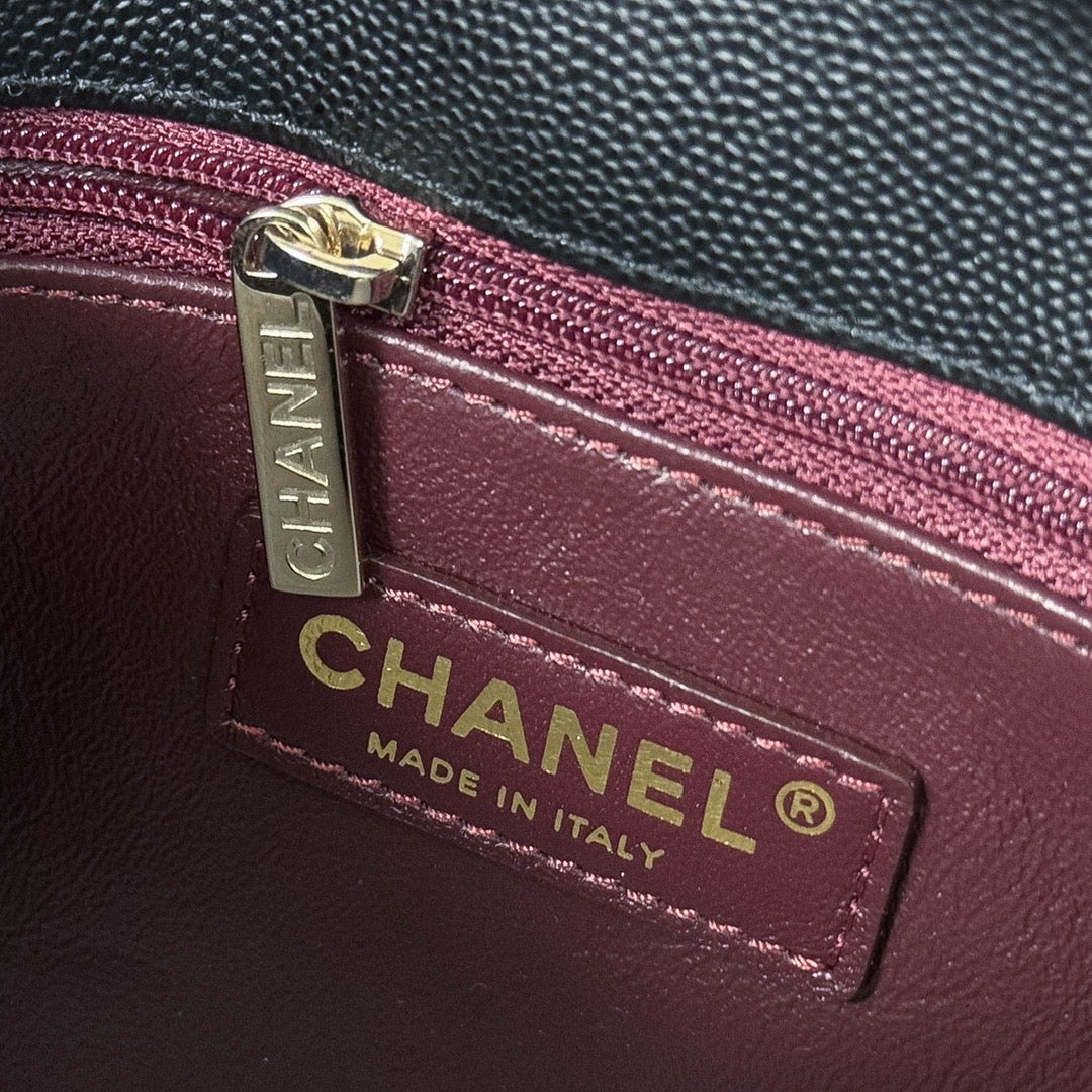 CH Mini Flap Bag with Top Handle  Small Grained Calfskin Lizard Handle Black