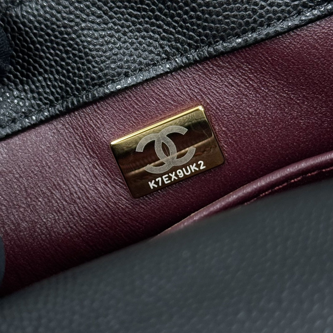 CH Mini Flap Bag with Top Handle  Small Grained Calfskin Lizard Handle Black