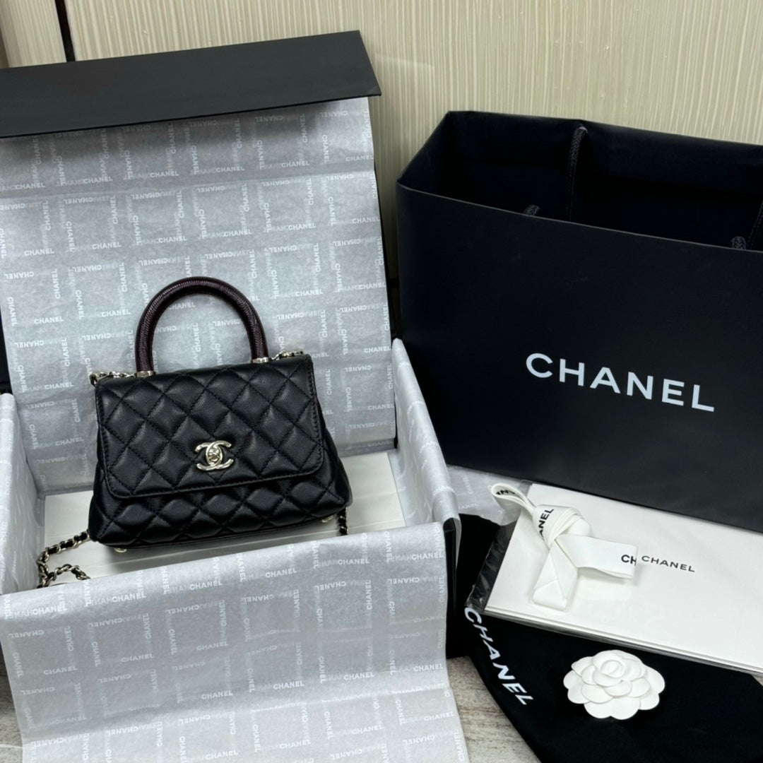 CH Mini Flap Bag with Top Handle  Small Grained Calfskin Lizard Handle Black