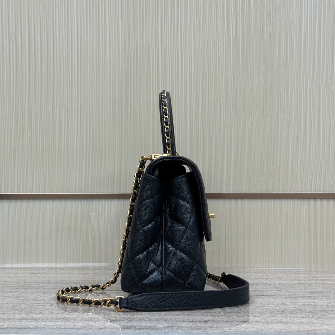CH FLAP BAG WITH TOP HANDLE 24  Grained Calfskin Black