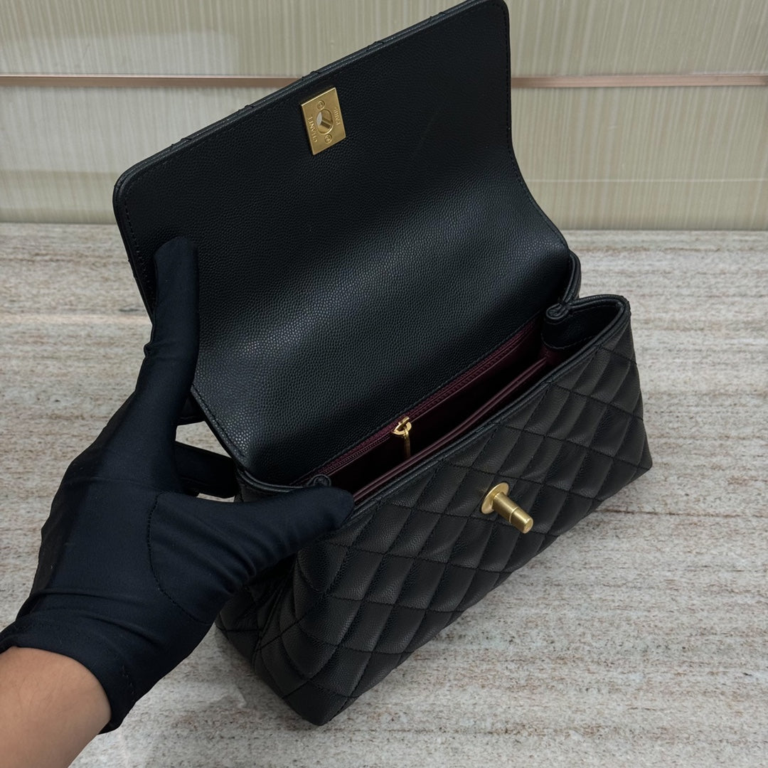 CH FLAP BAG WITH TOP HANDLE 24  Grained Calfskin Black