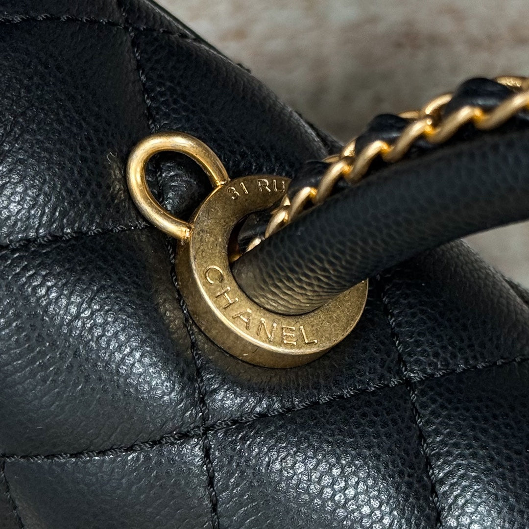 CH FLAP BAG WITH TOP HANDLE 24  Grained Calfskin Black