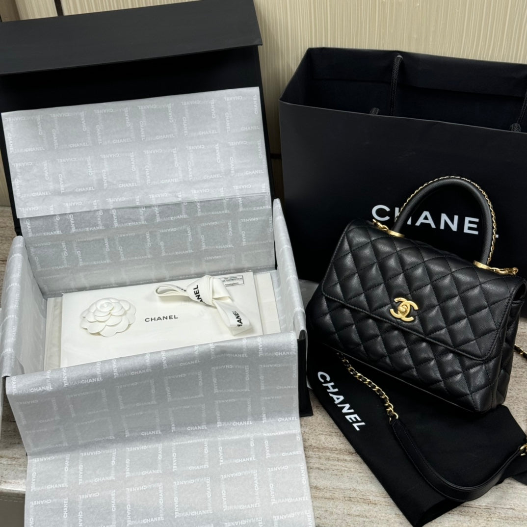 CH FLAP BAG WITH TOP HANDLE 24  Grained Calfskin Black