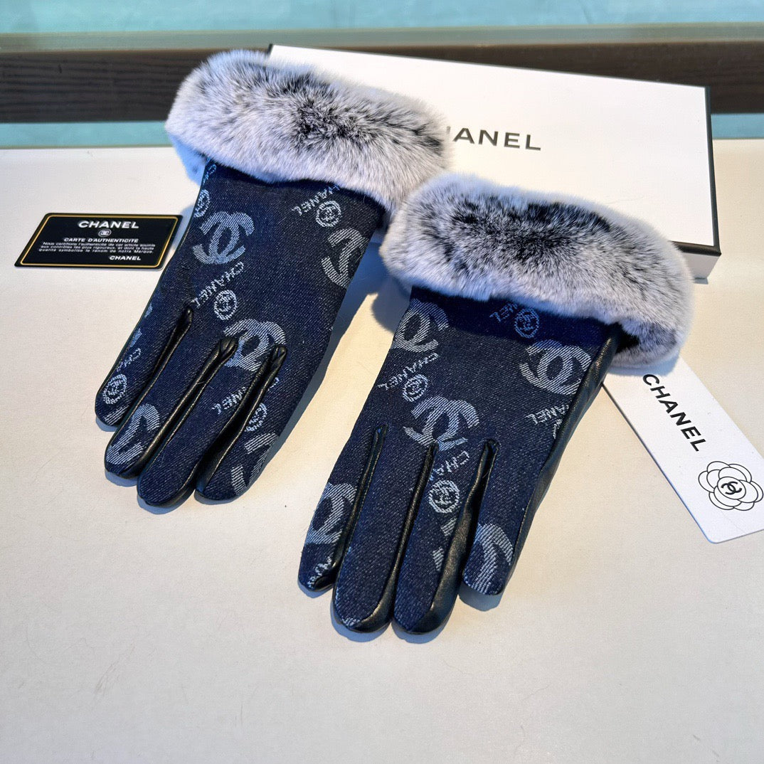 Chan New woolen denim and sheepskin gloves