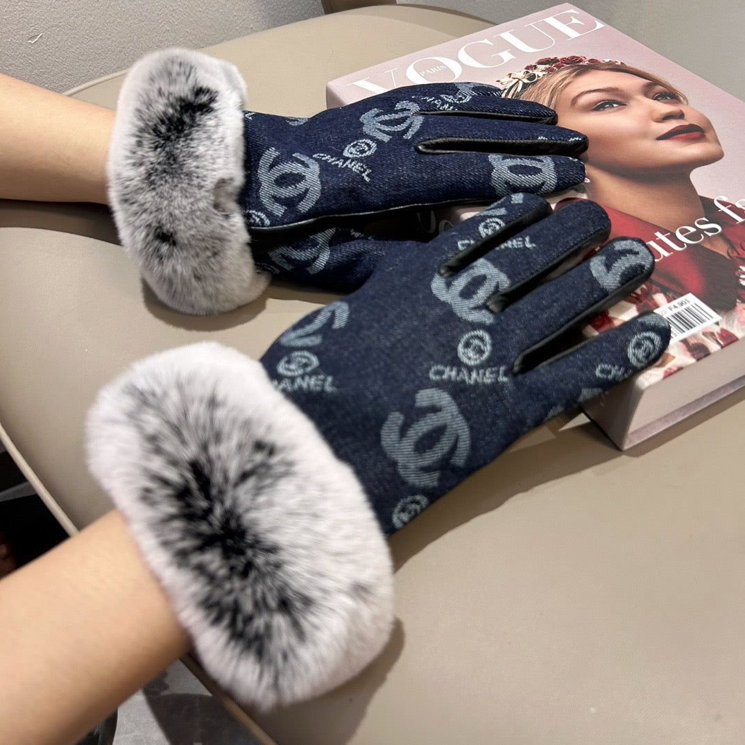 Chan New woolen denim and sheepskin gloves