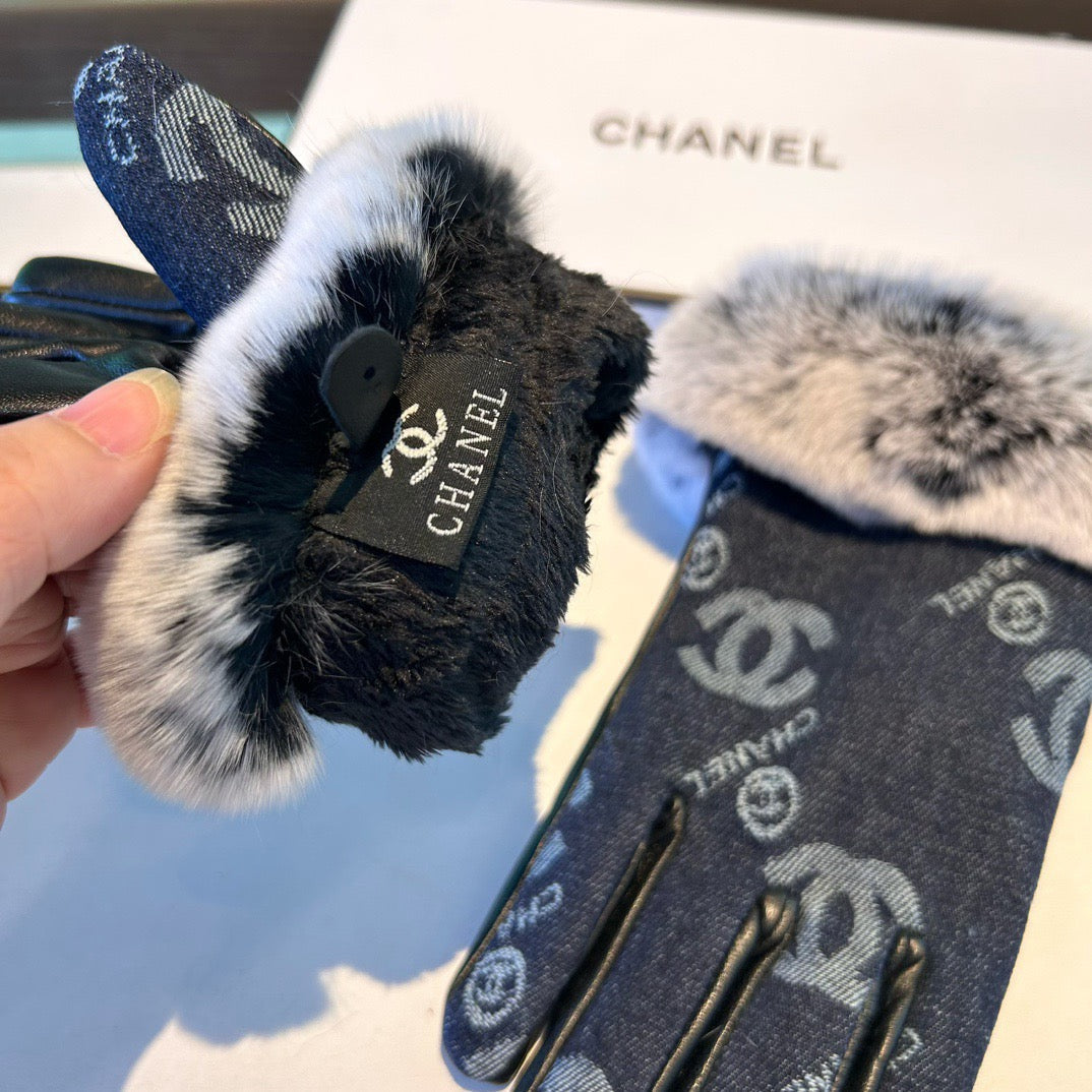Chan New woolen denim and sheepskin gloves