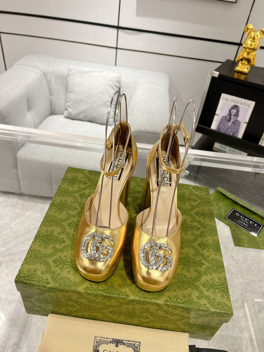 Gucc 25fw chunky heels with crystal diamond bling pumps