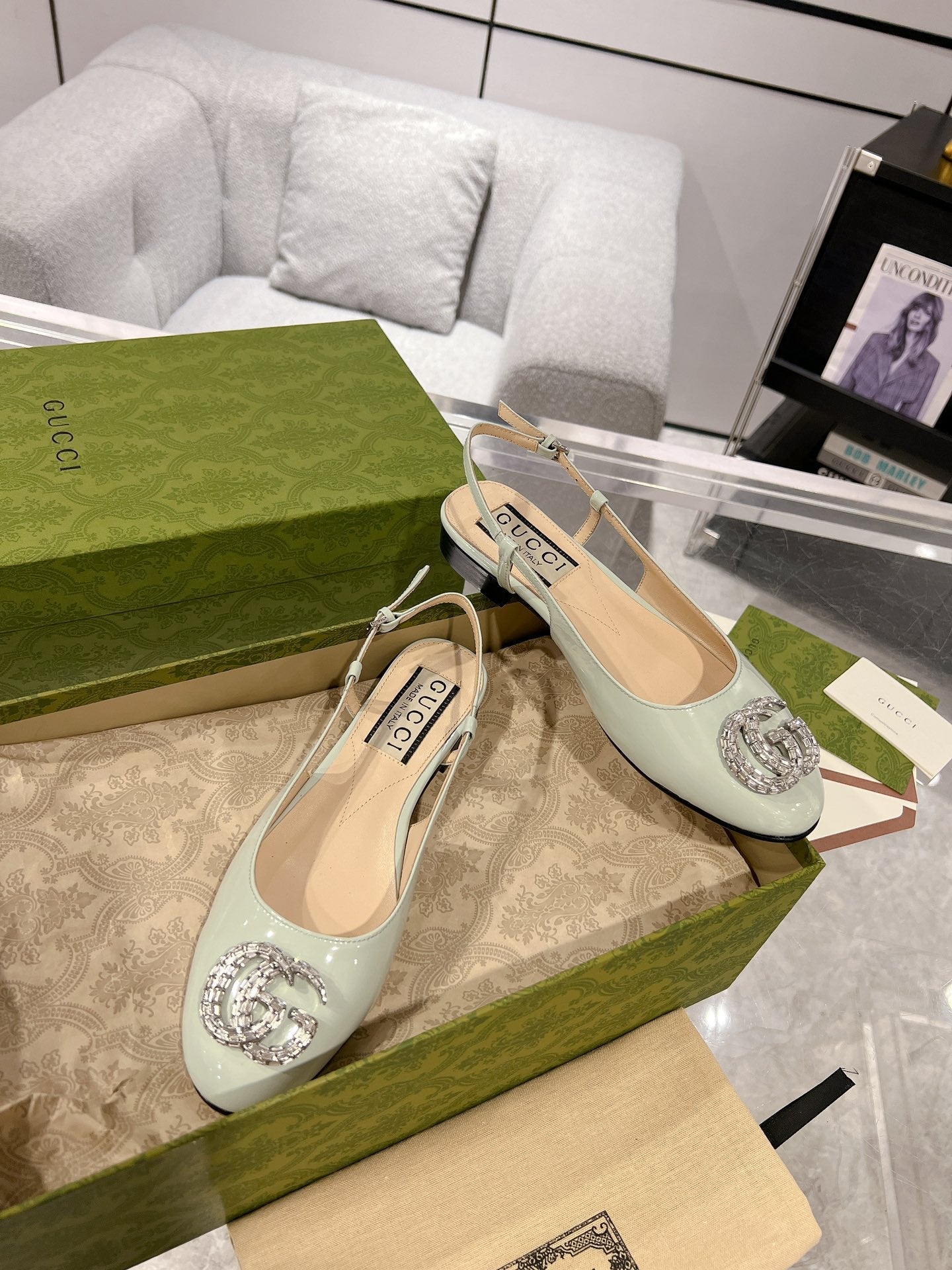 Gucc 25fw slingback flats with crystal diamond blingbling