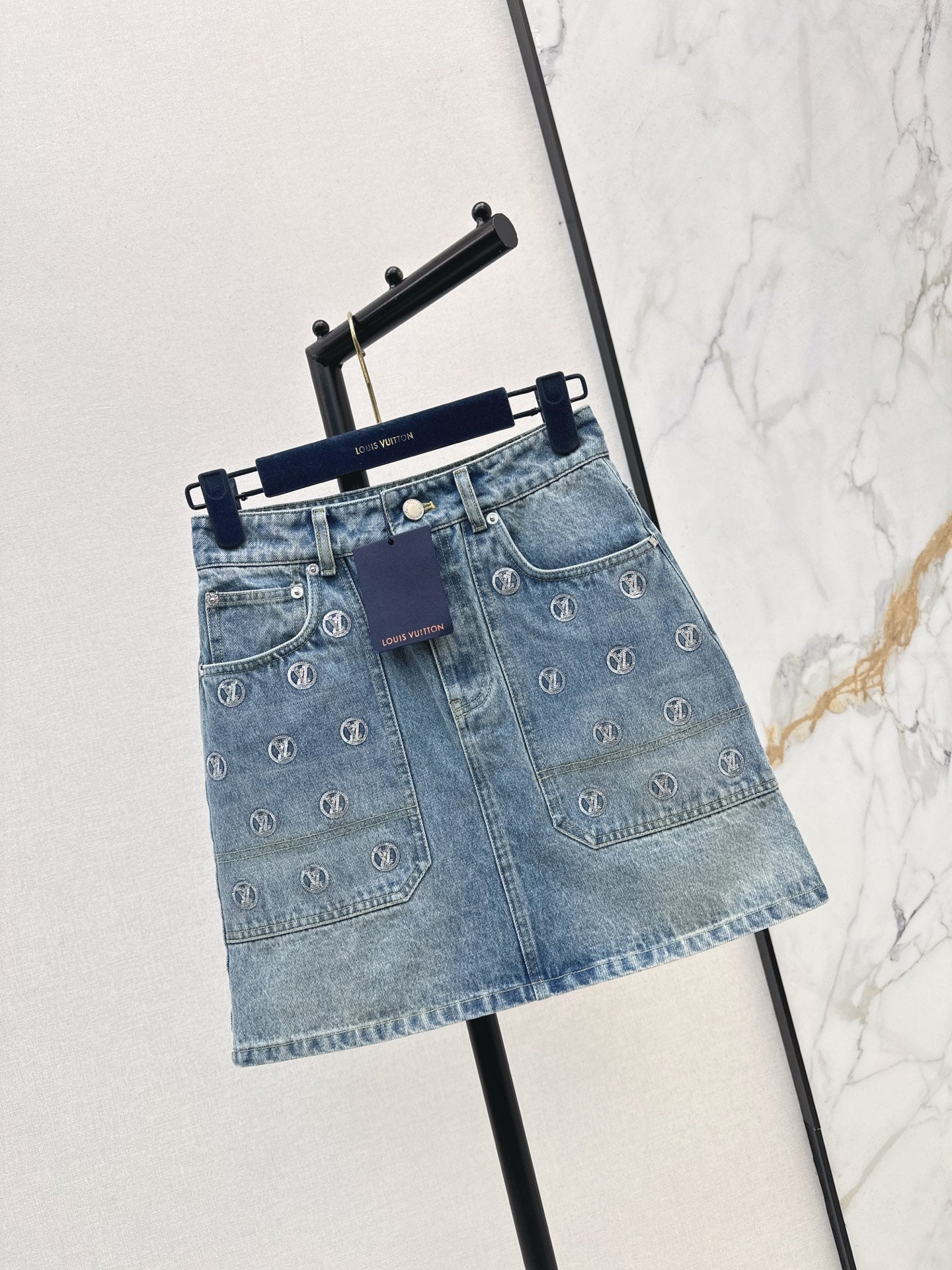 Louis NEW Gold Coin Sequin Denim Skirt