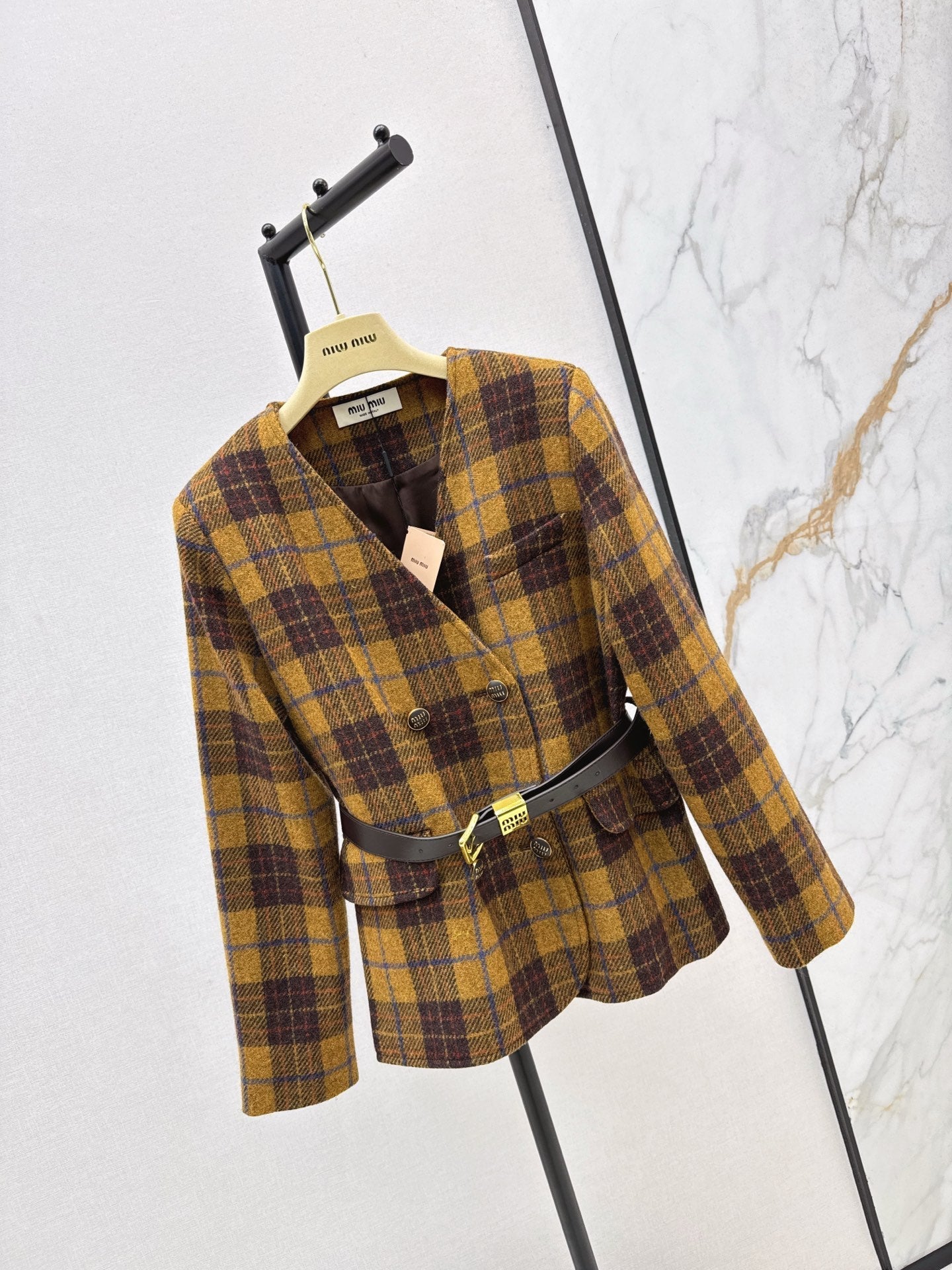 Miu NEW wool retro plaid coat