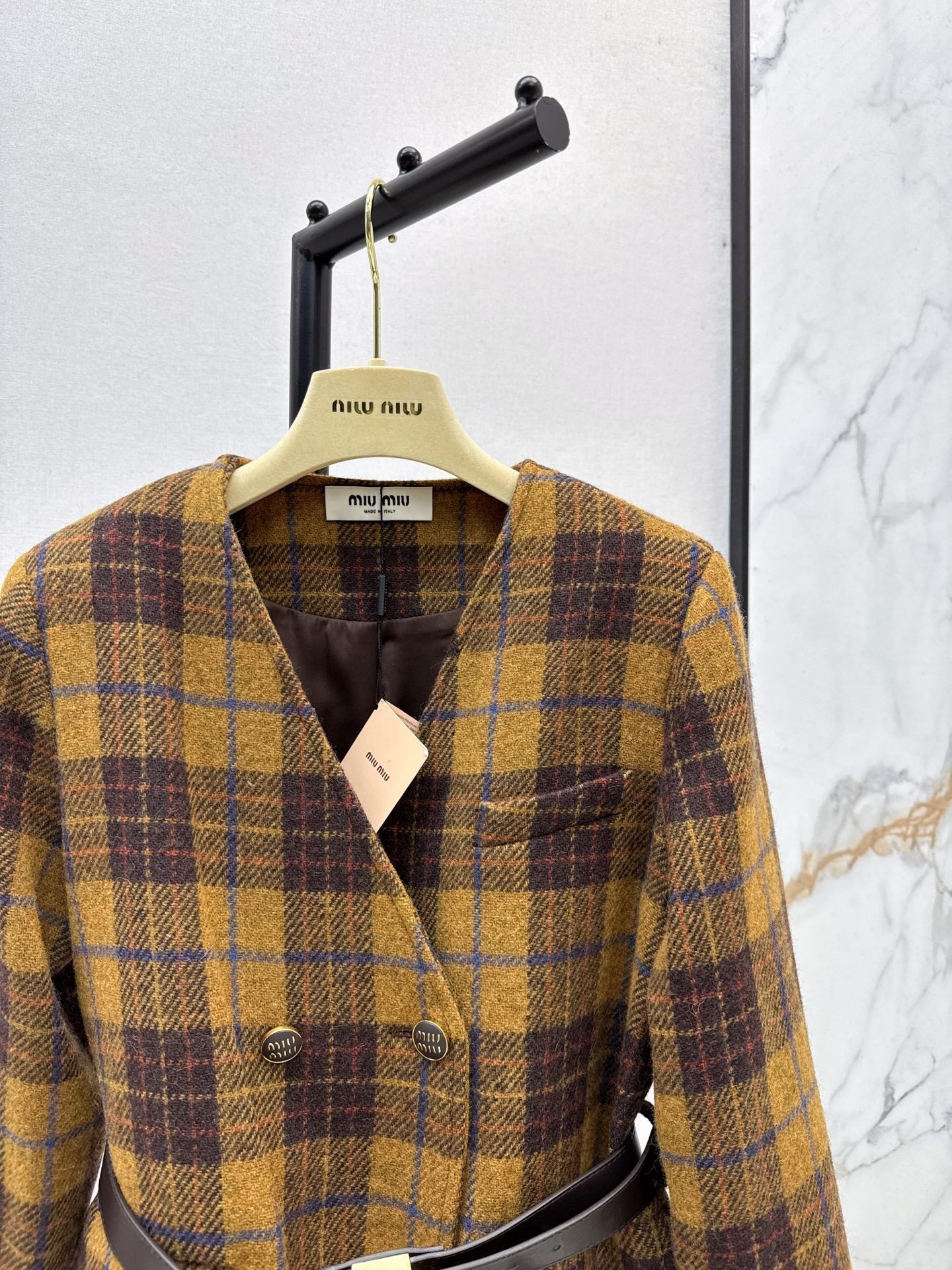Miu NEW wool retro plaid coat