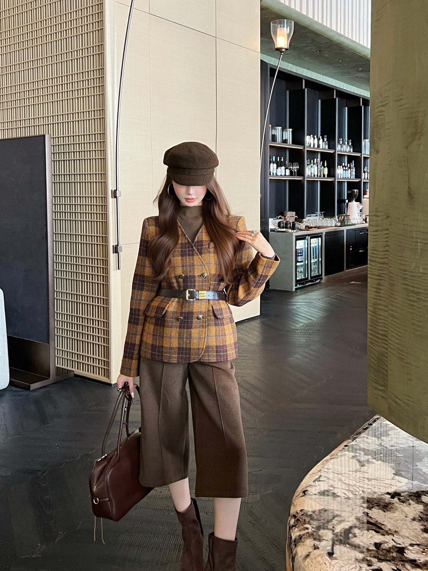 Miu NEW wool retro plaid coat