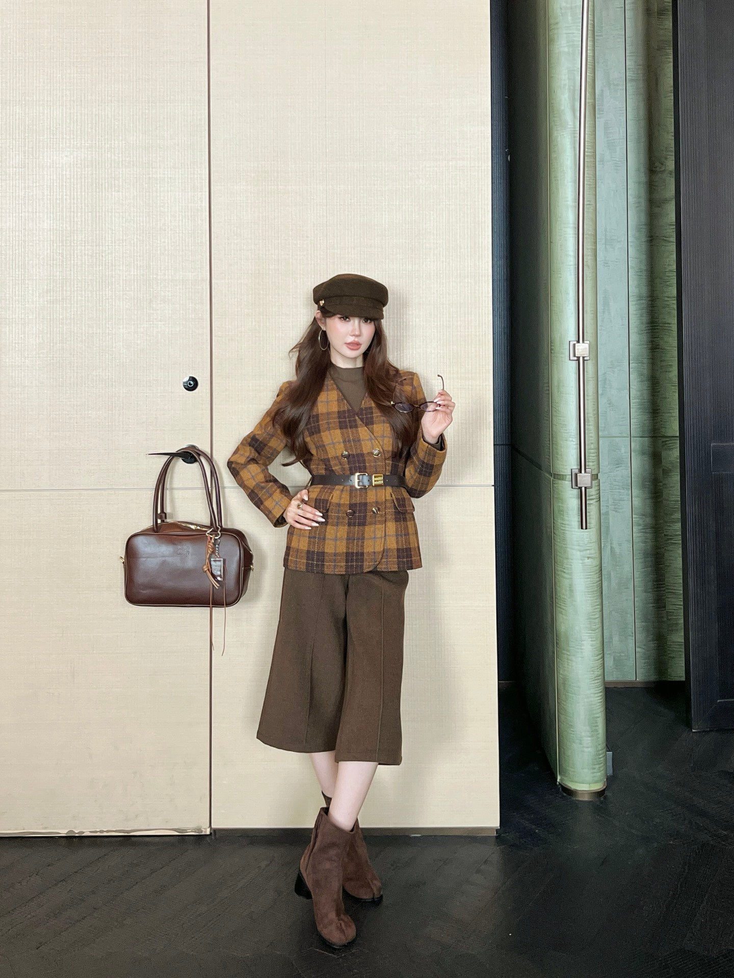 Miu NEW wool retro plaid coat