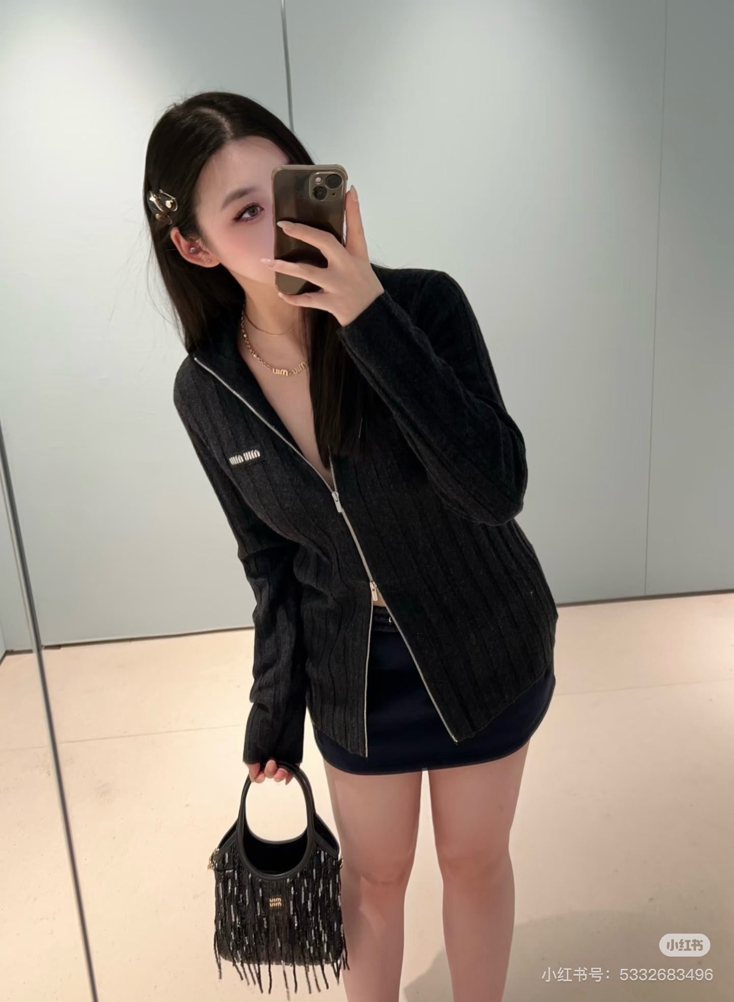 Miu NEW Zippered Ribbed Cashmere Cardigan