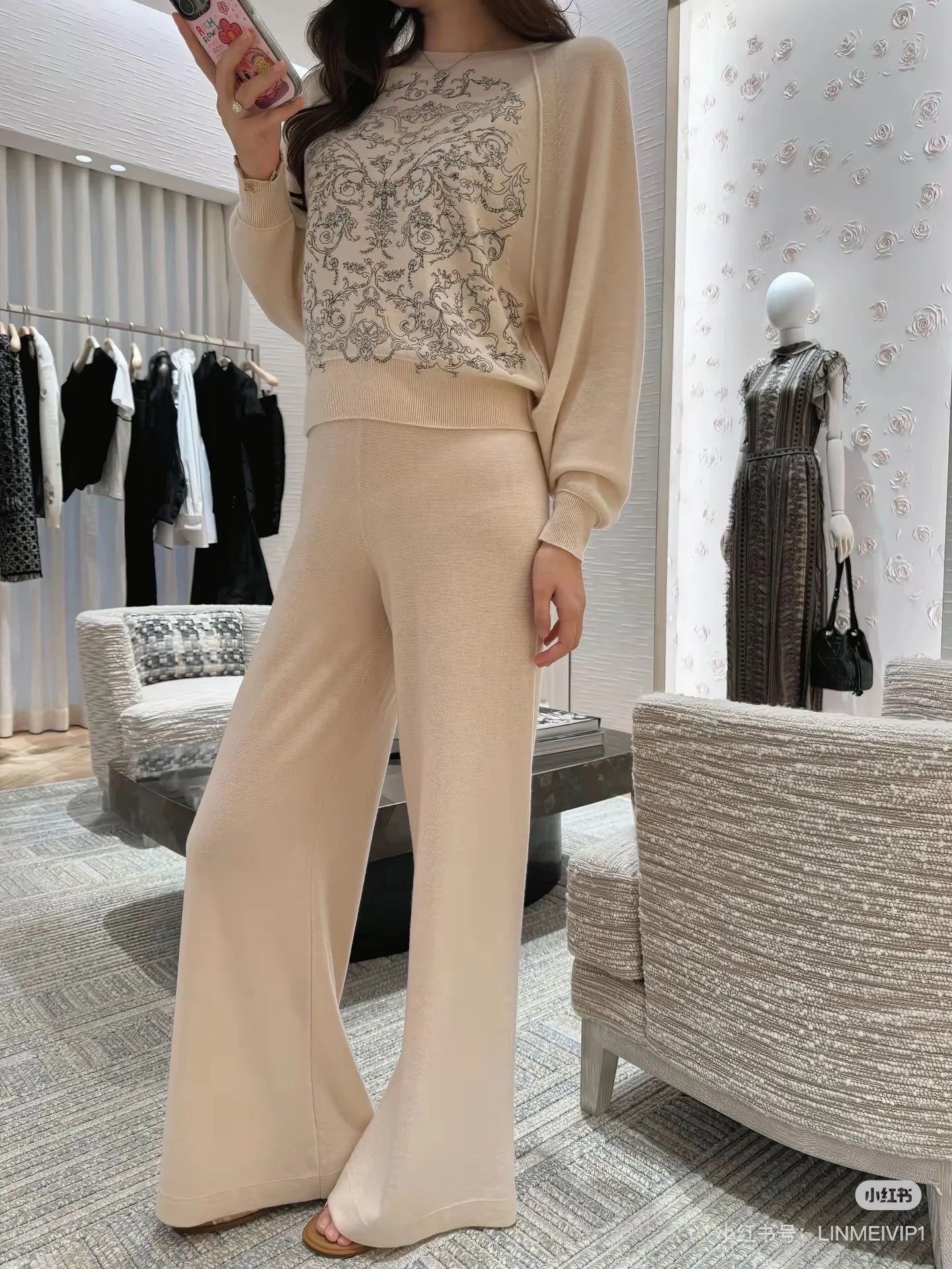 CD NEW Embroidered cashmere wide-leg trousers